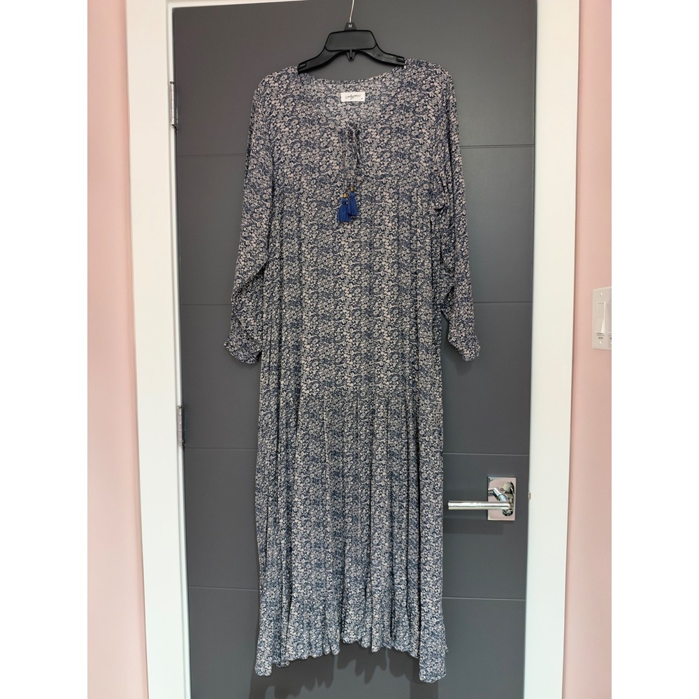 Carly Jean Los Angeles Indigo Floral Tassel Maxi Dress Blue Long Sleeve Medium